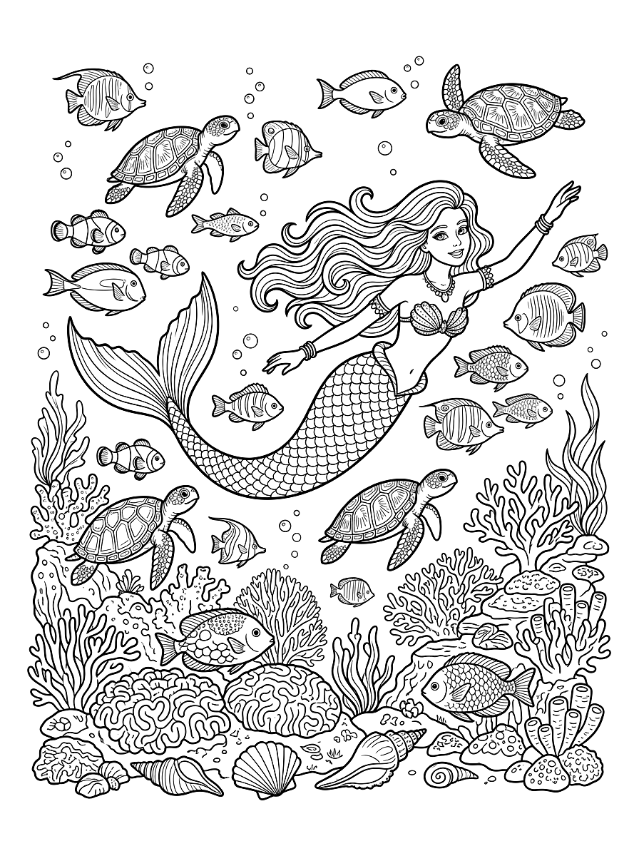 Enchanted Mermaid Underwater Coloring Page