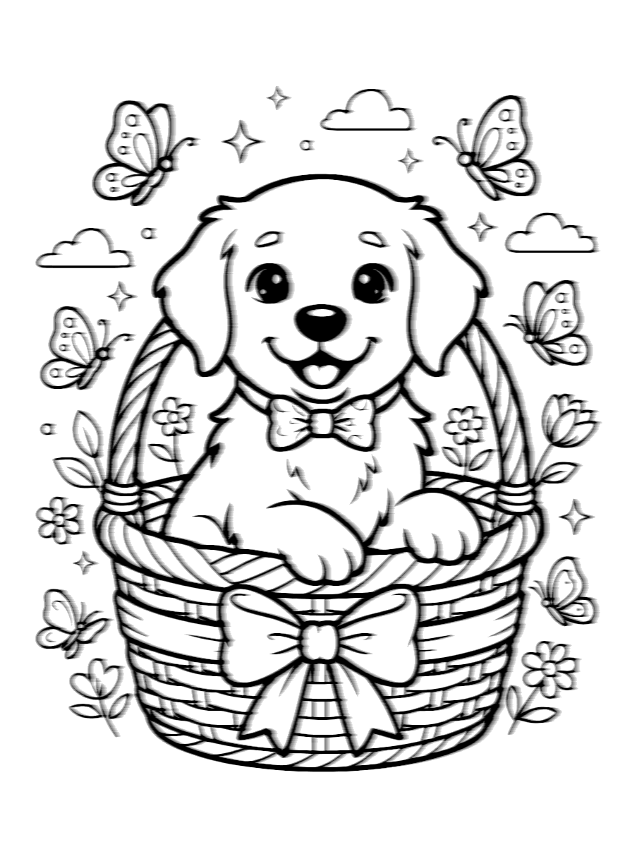 Adorable Puppy in a Basket Coloring Page