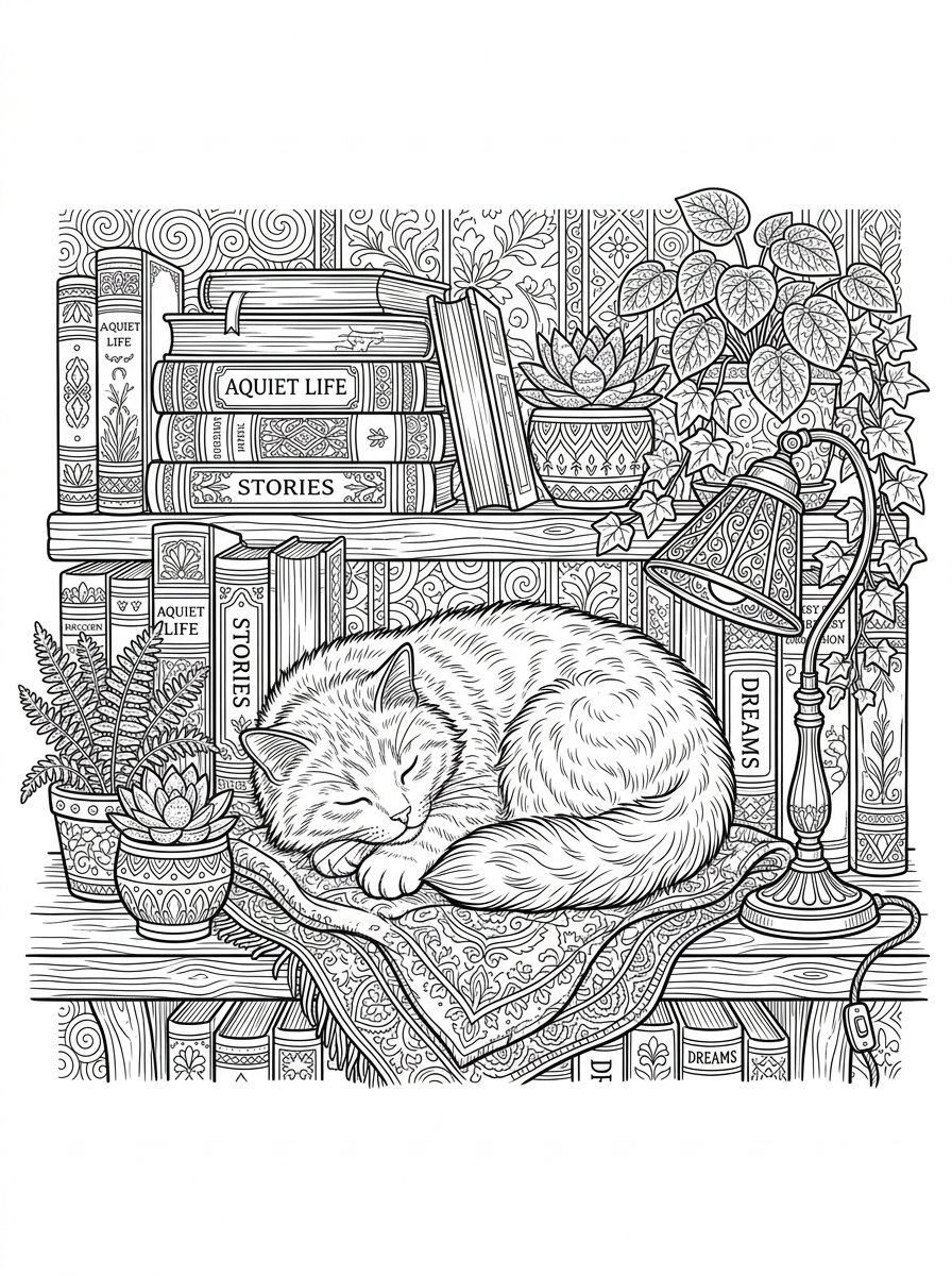 Cozy Cat Sleeping on Library Bookshelf