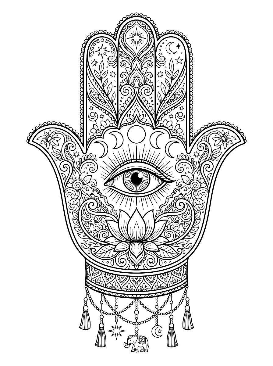 Ornate Celestial Hamsa Hand Mandala Coloring Page