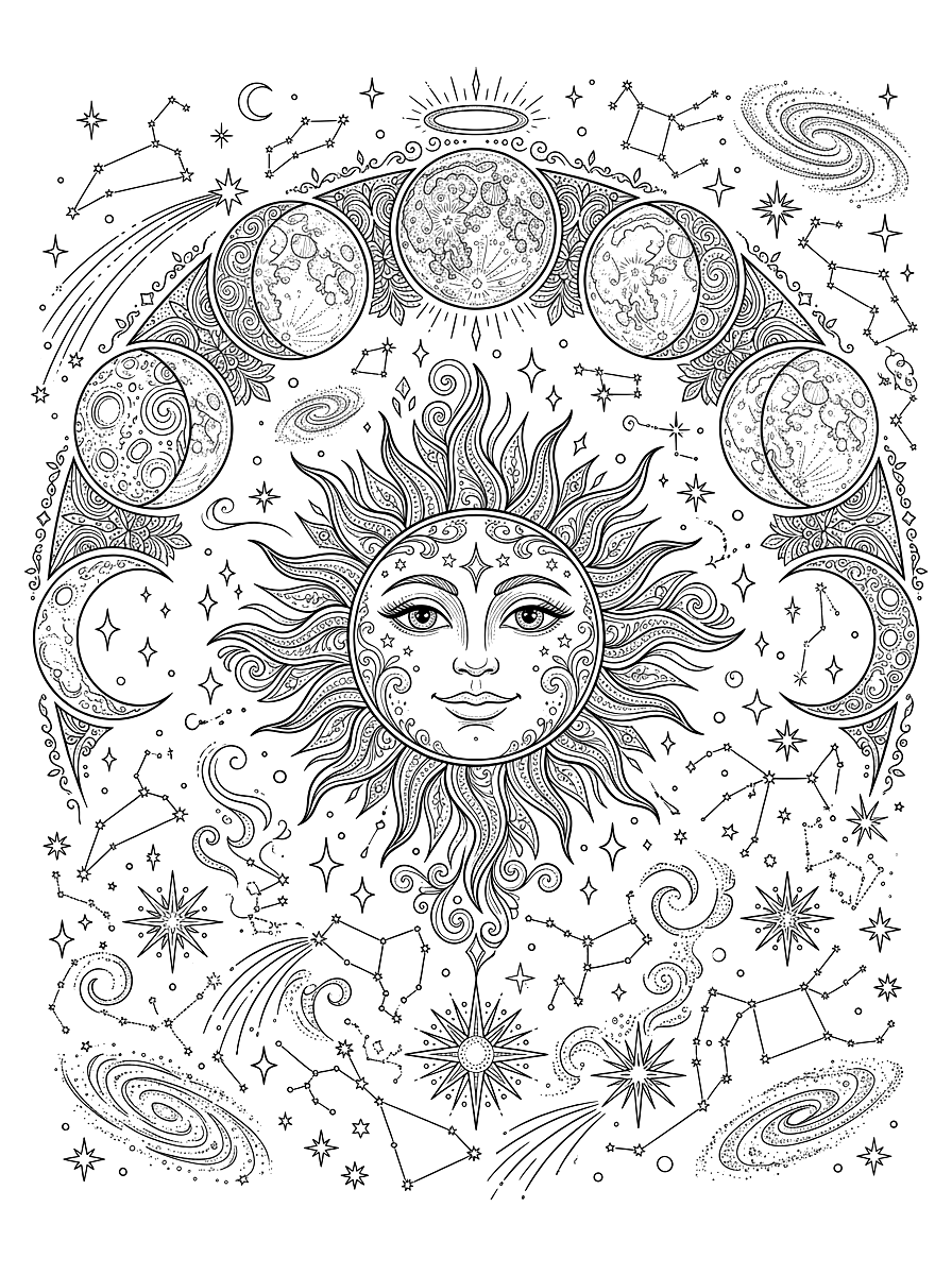 Celestial Moon Phases & Sunburst Coloring Page