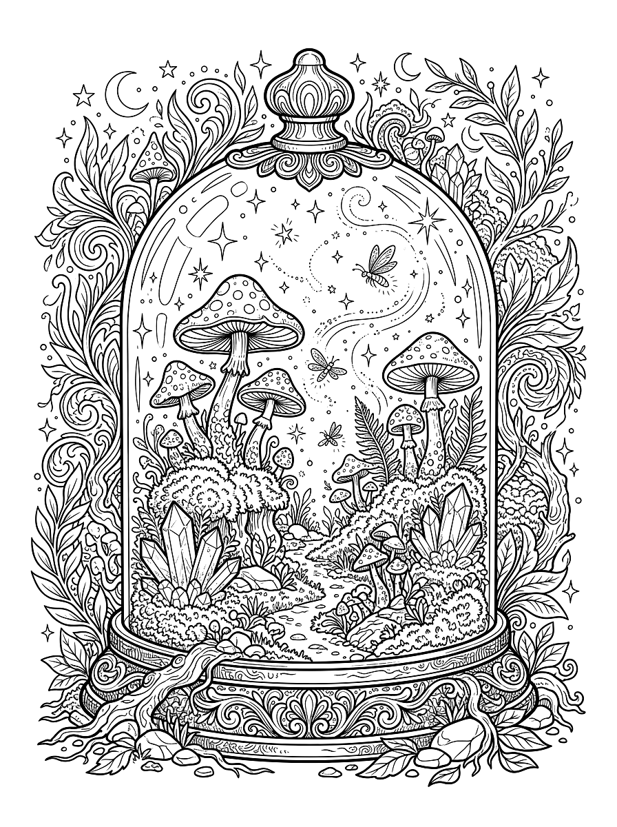 Celestial Mushroom Terrarium Cloche Coloring Page