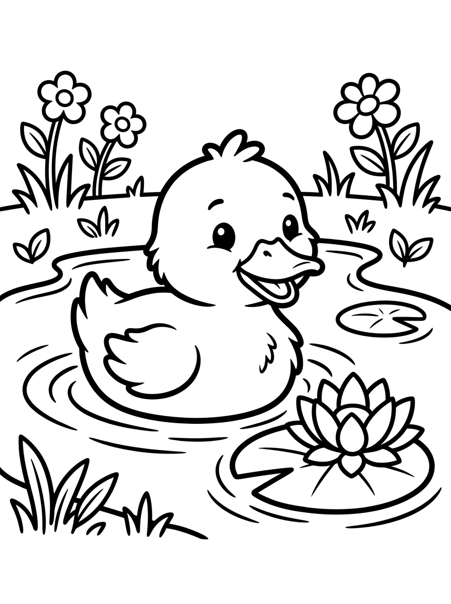 Cute Baby Duckling with Water Lily