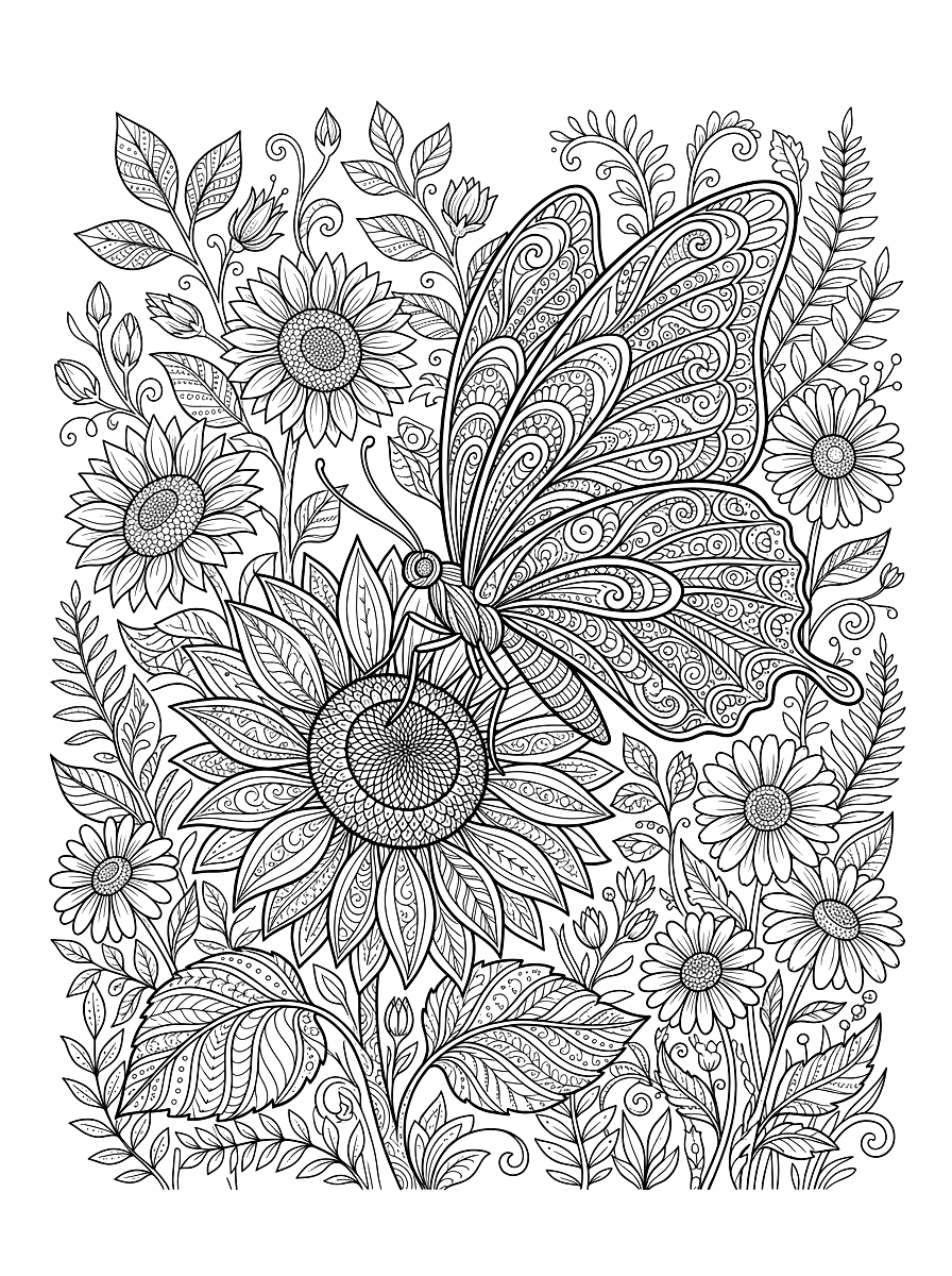 Detailed Butterfly & Botanical Garden Coloring Page