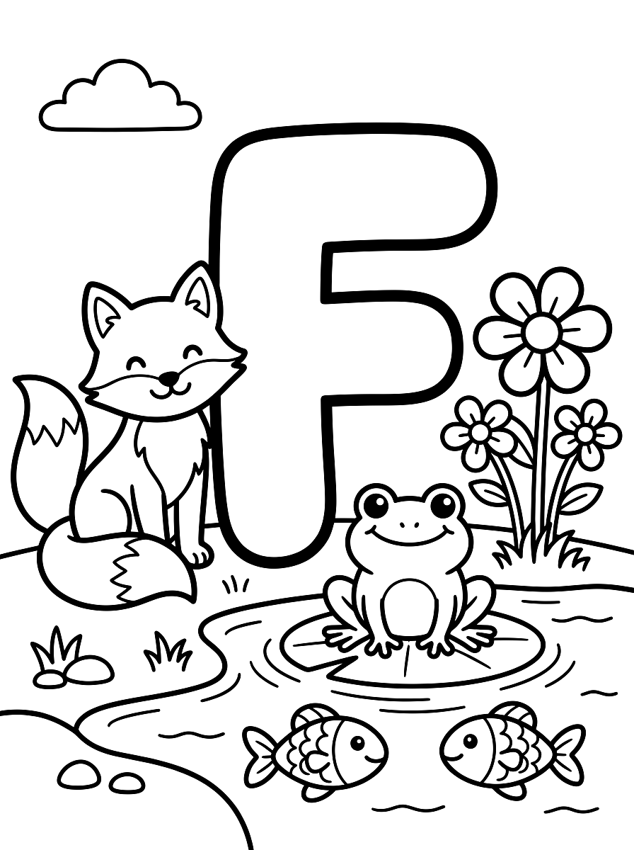 Letter F Fox & Frog Alphabet Coloring Page