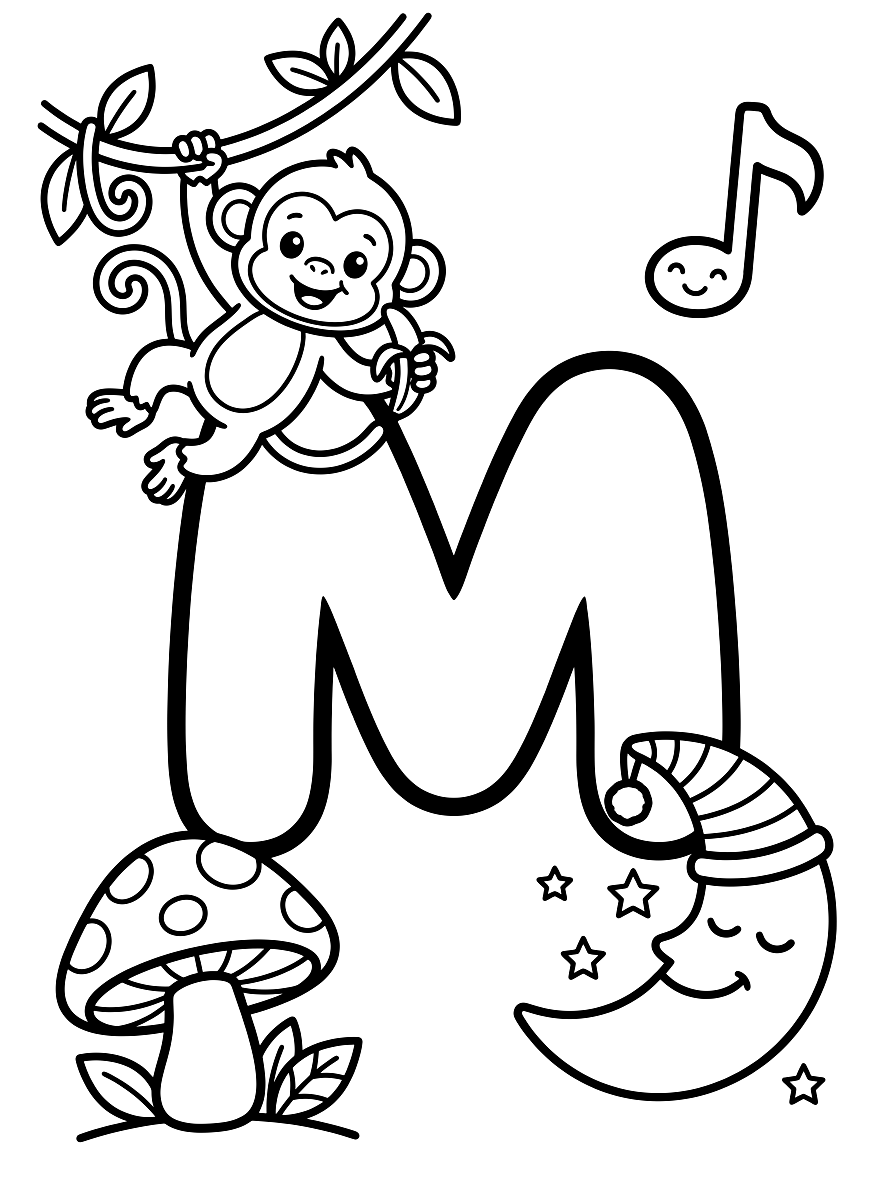 Letter M Monkey & Moon Alphabet Coloring Page