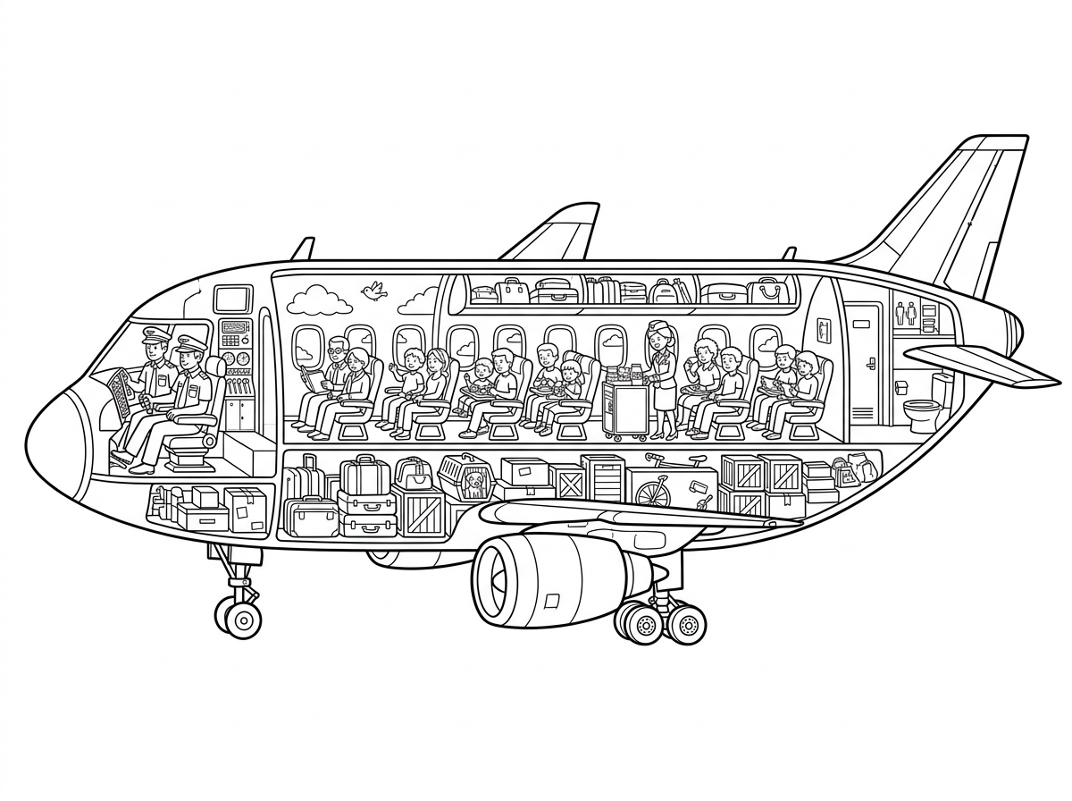 Jumbo Jet Airplane Cutaway Coloring Page