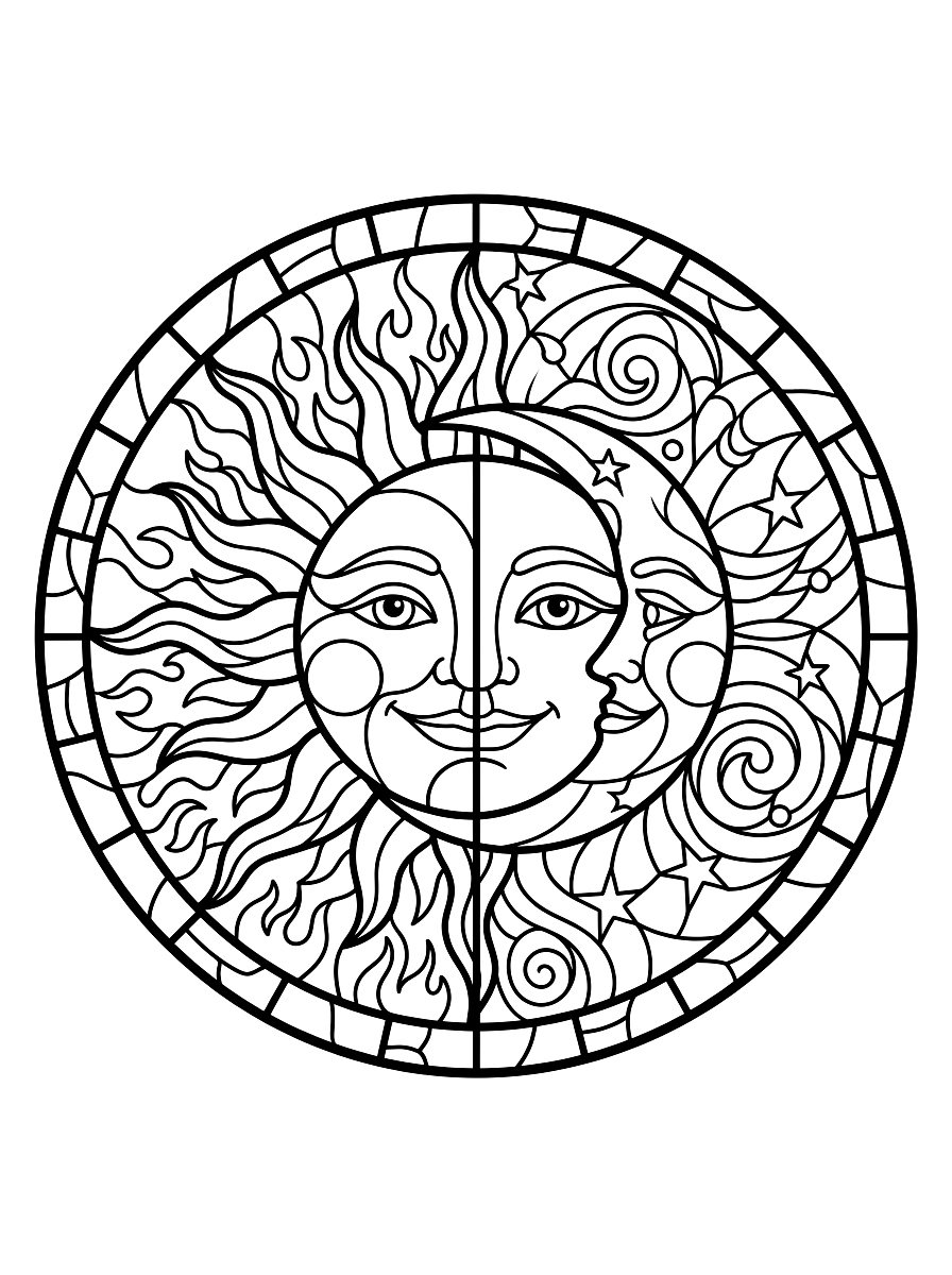 Stained Glass Celestial Sun & Moon Coloring Page