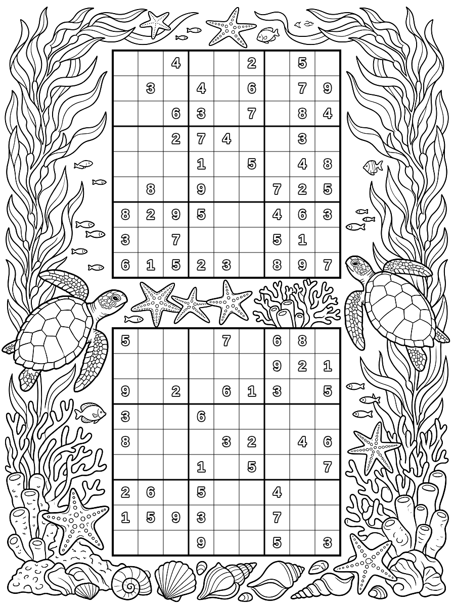 Ocean Coral Reef 2-Up Sudoku Coloring Page