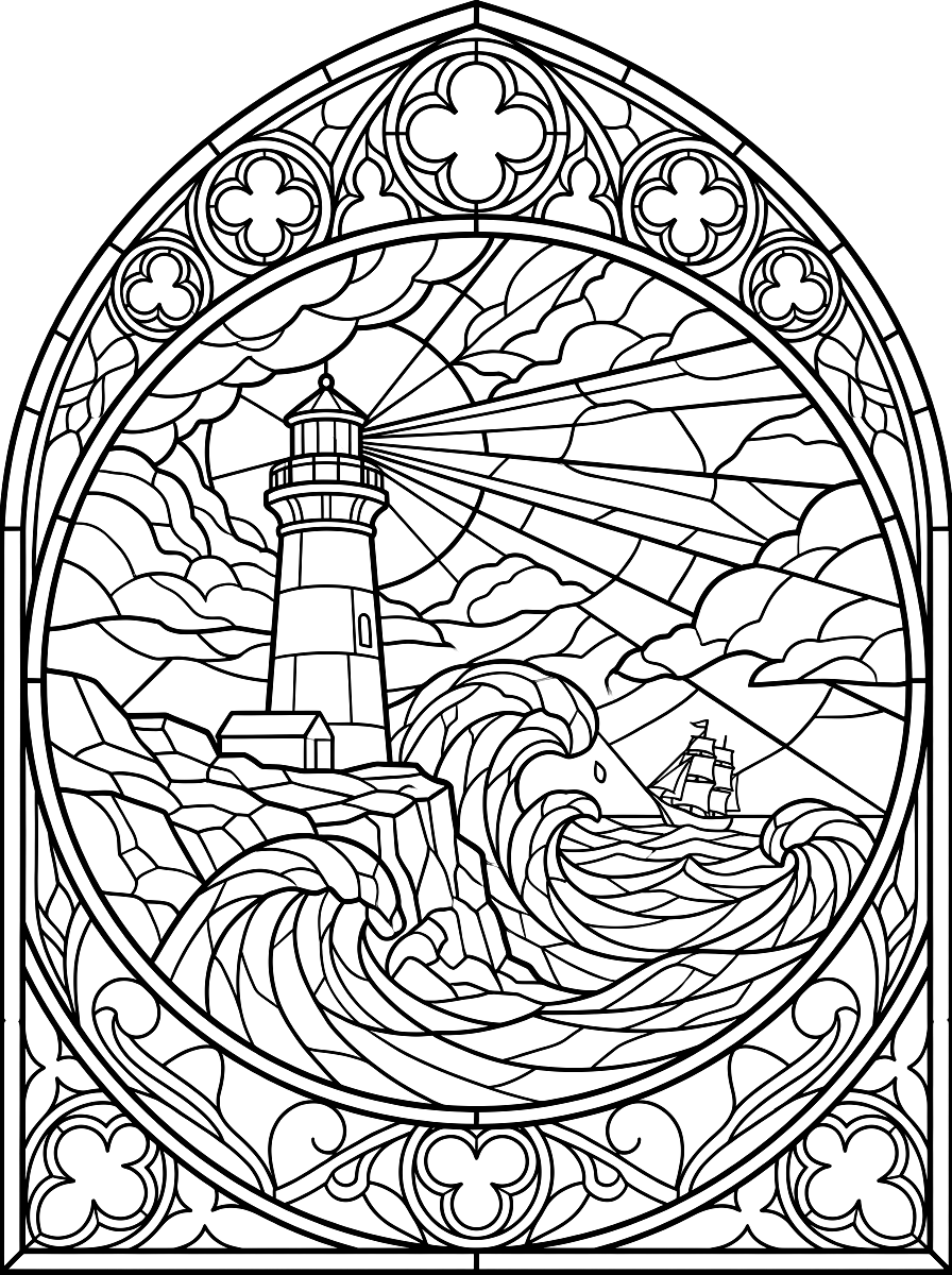 Stained Glass Coastal Lighthouse Coloring Page