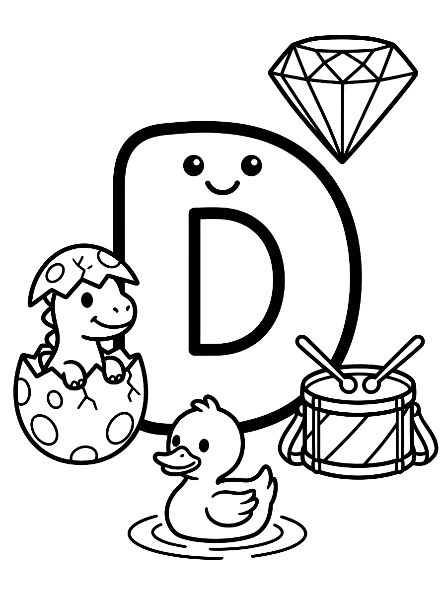 Letter D Dinosaur & Duck Alphabet Coloring Page