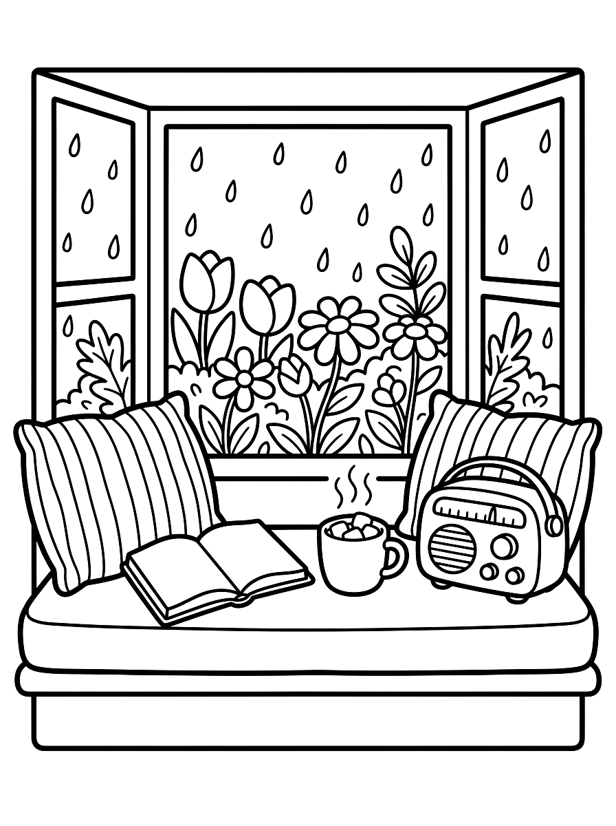 Rainy Window Seat Nook Coloring Page