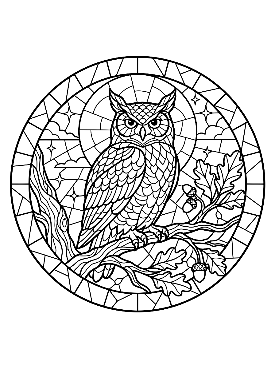 Stained Glass Owl & Full Moon Coloring Page