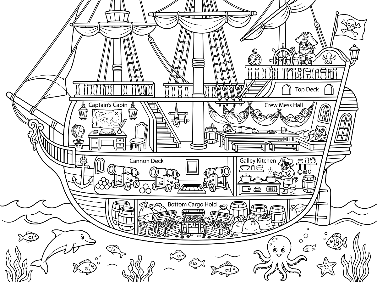 Pirate Ship Galleon Cutaway Coloring Page