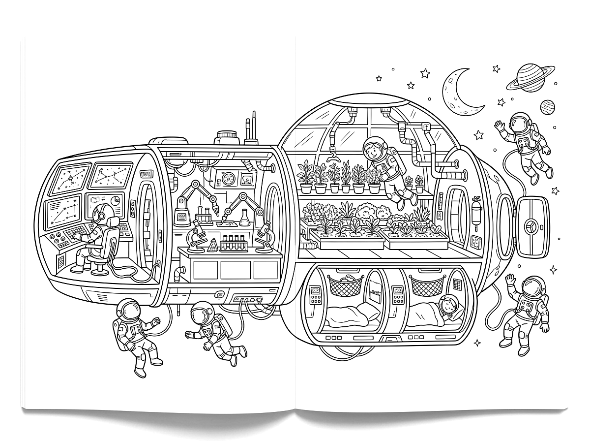 Orbital Space Station Cutaway Coloring Page